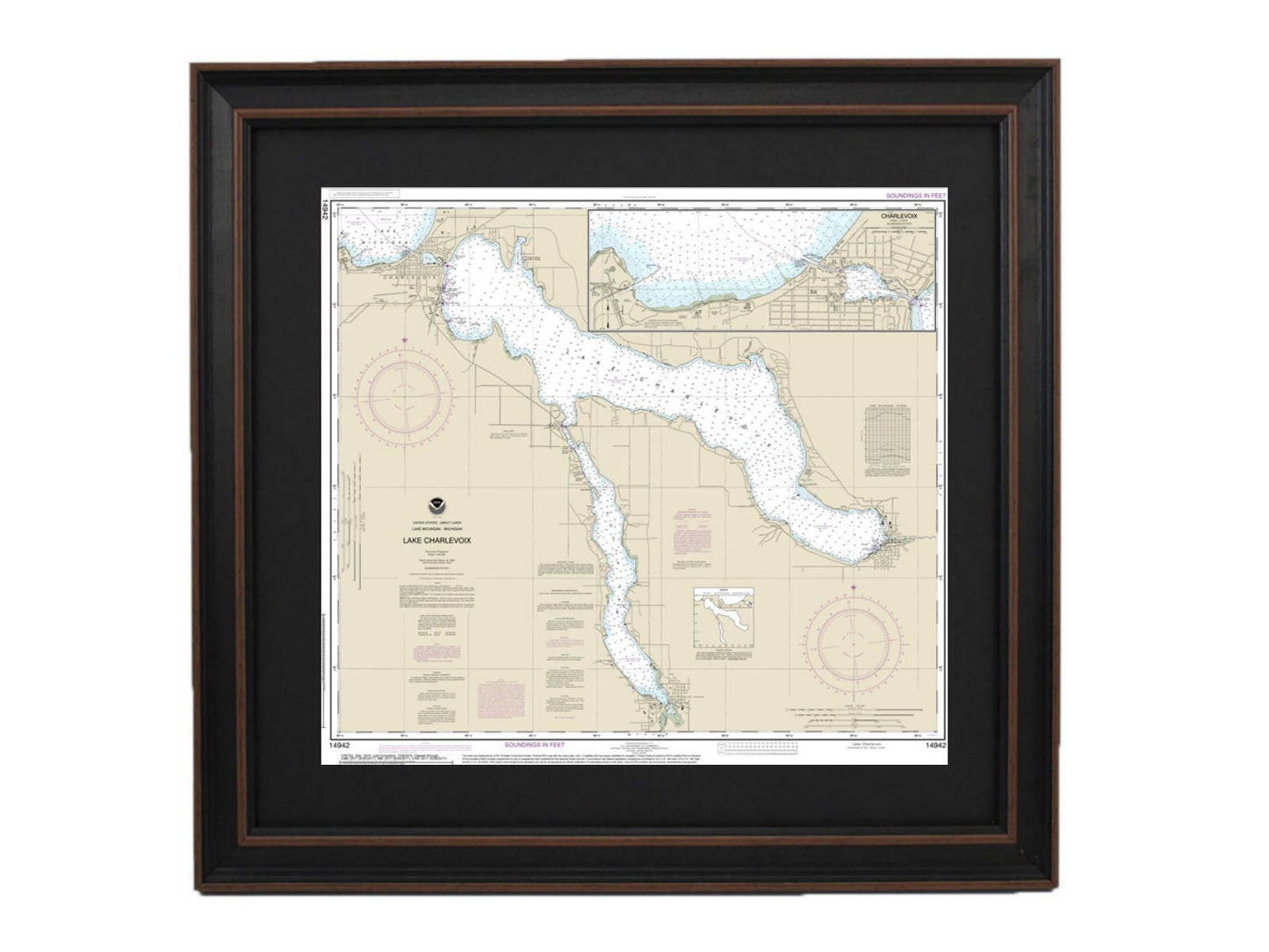 Framed Nautical Chart 14942 - Lake Charlevoix, Lake Michigan. NOAA 14942. Handmade in the USA.