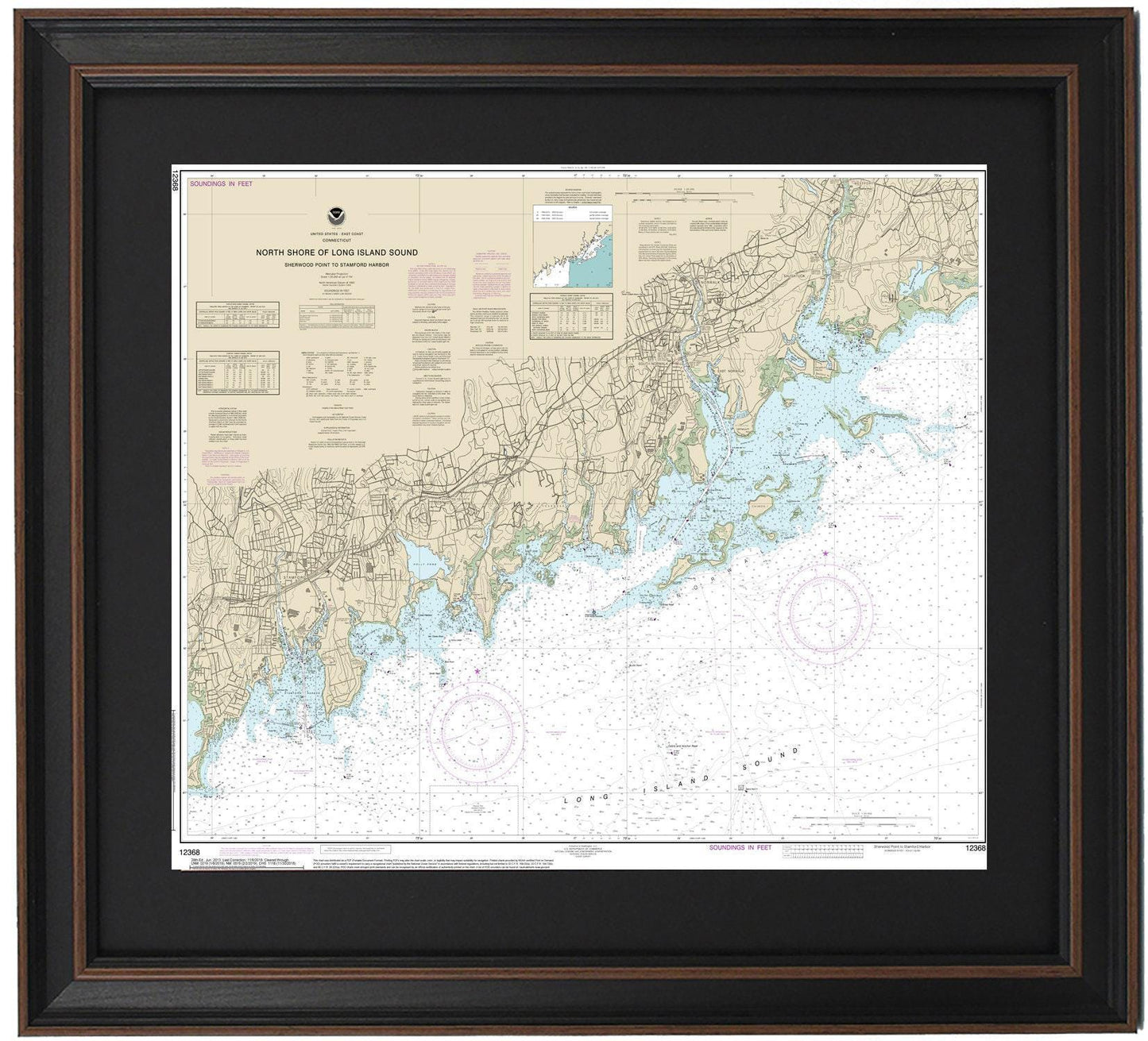 Framed Nautical Chart 12368 - North Shore of Long Island Sound. Sherwood Point to Stamford Harbor. NOAA 12368. Handmade in the USA.
