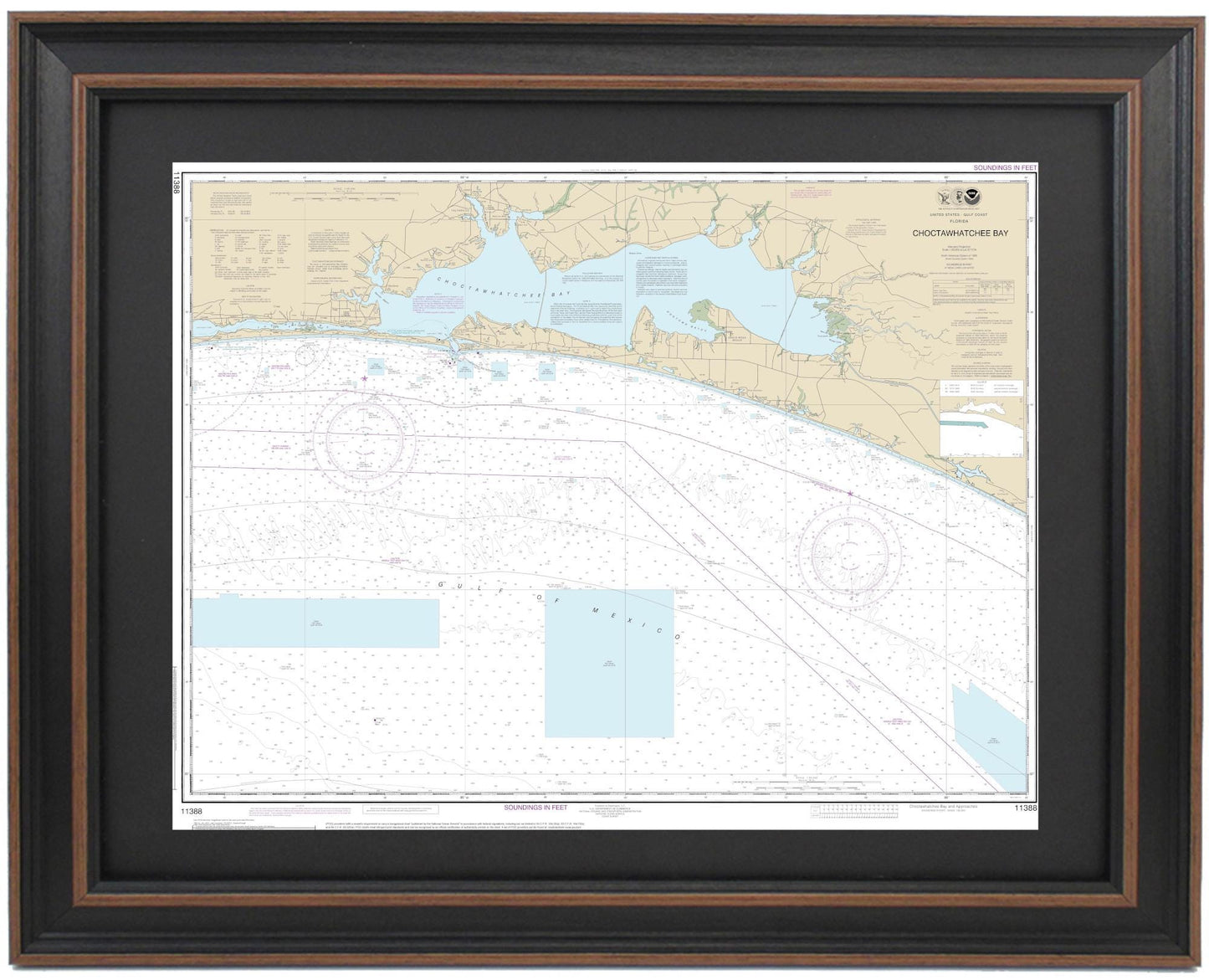 Framed Nautical Chart 11388 - Choctawhatchee Bay. NOAA 11388. Handmade in the USA.