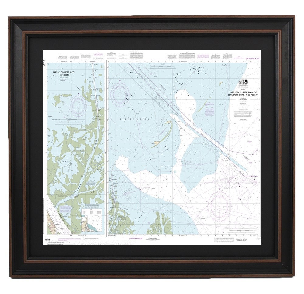 Framed Nautical Chart 11353 - Baptiste Collette Bayou to Mississippi River Gulf Outlet. NOAA 11353. Handmade in the USA.