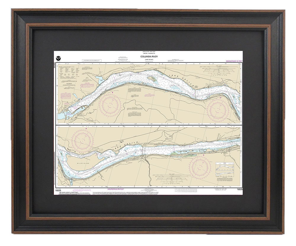 Framed Nautical Chart 18533 - Columbia River. Lake Celilo. NOAA 18533. Handmade in the USA.