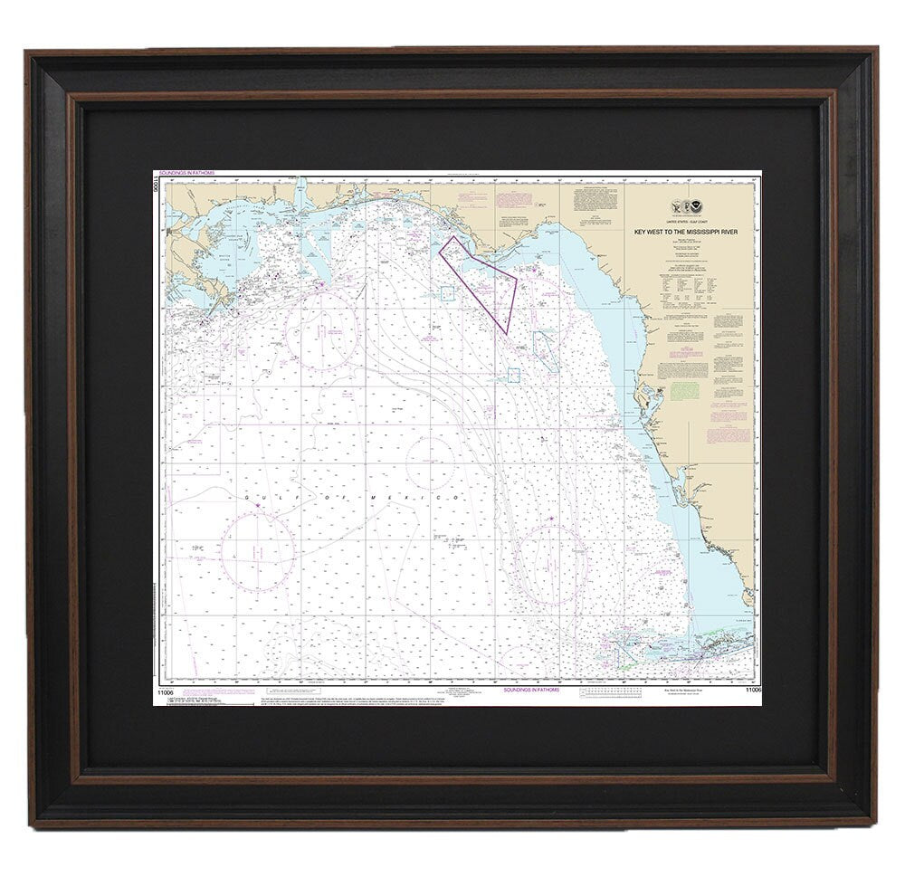 Framed Nautical Chart 11006 - Gulf Coast - Key West to Mississippi River. NOAA 11006. Handmade in the USA.
