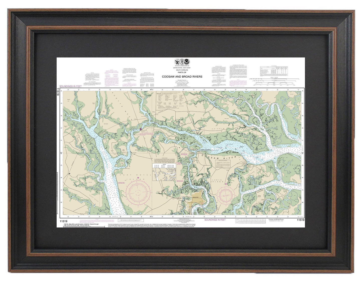 Framed Nautical Chart 11519 - Parts of Coosaw and Broad Rivers. NOAA 11519. Handmade in the USA.