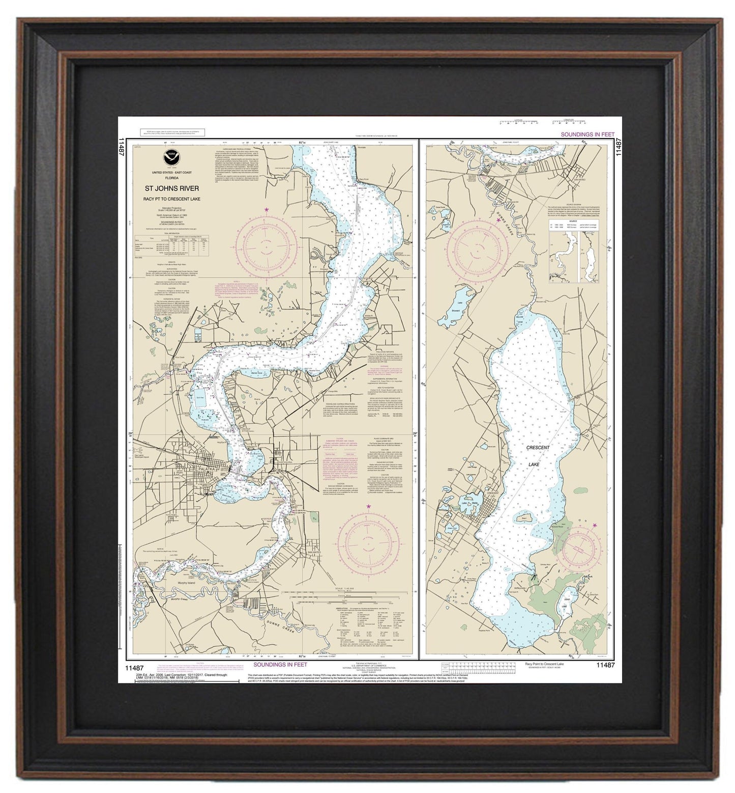 Framed Nautical Chart 11487 - St. Johns River. Racy Point to Crescent Lake. NOAA 11487. Handmade in the USA.