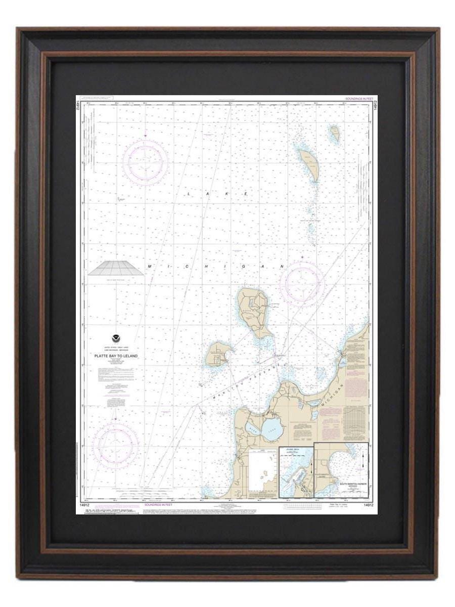 Framed Nautical Chart 14912 - Lake Michigan Platte Bay to Leland. NOAA 14912. Handmade in the USA.