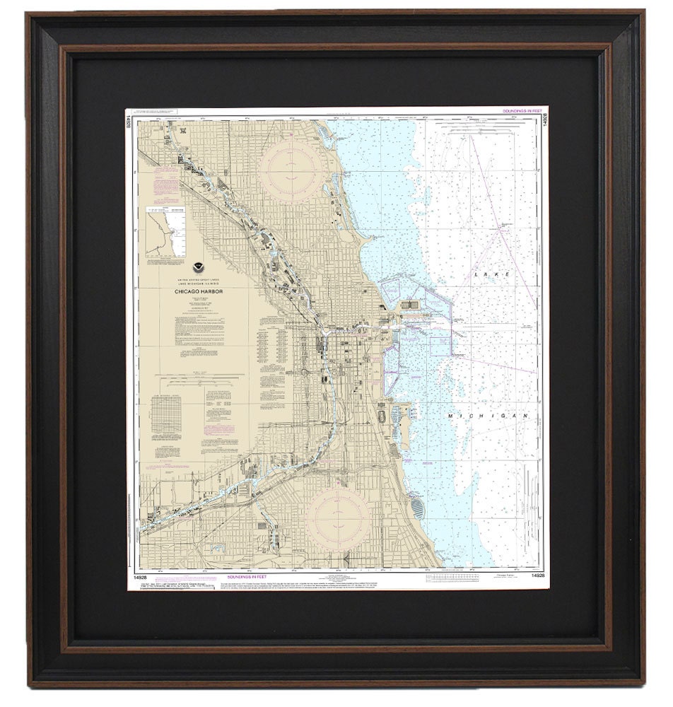 Framed Nautical Chart 14928 - Chicago Harbor. NOAA 14928. Handmade in the USA.