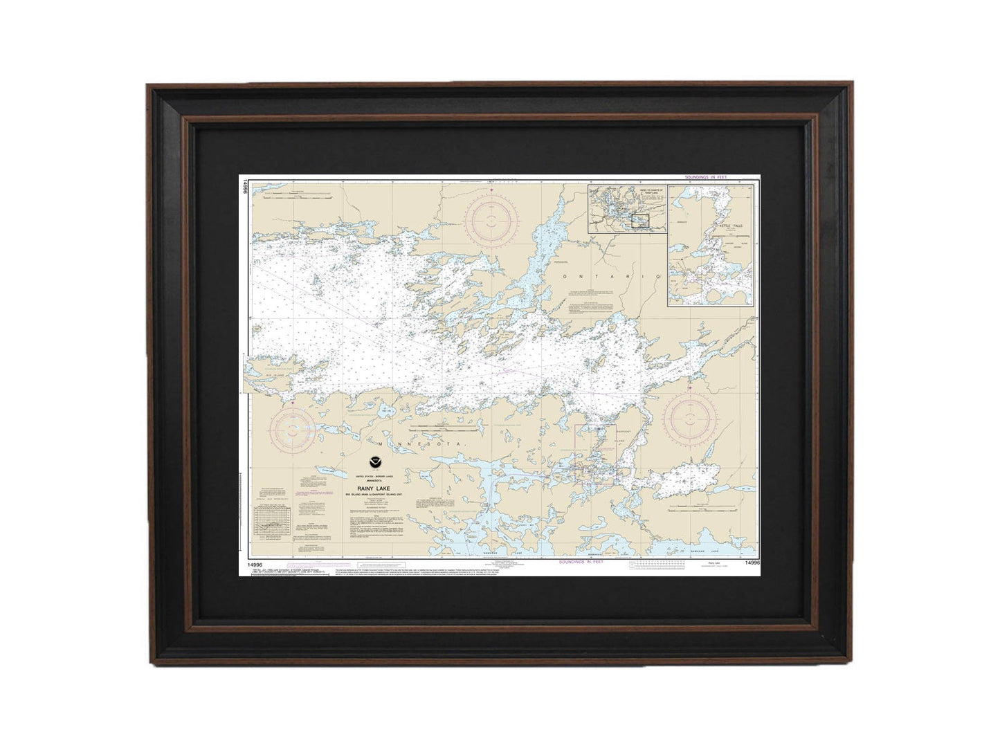 Framed Nautical Chart 14996 - Rainy Lake, Minnesota. NOAA 14996. Handmade in the USA.