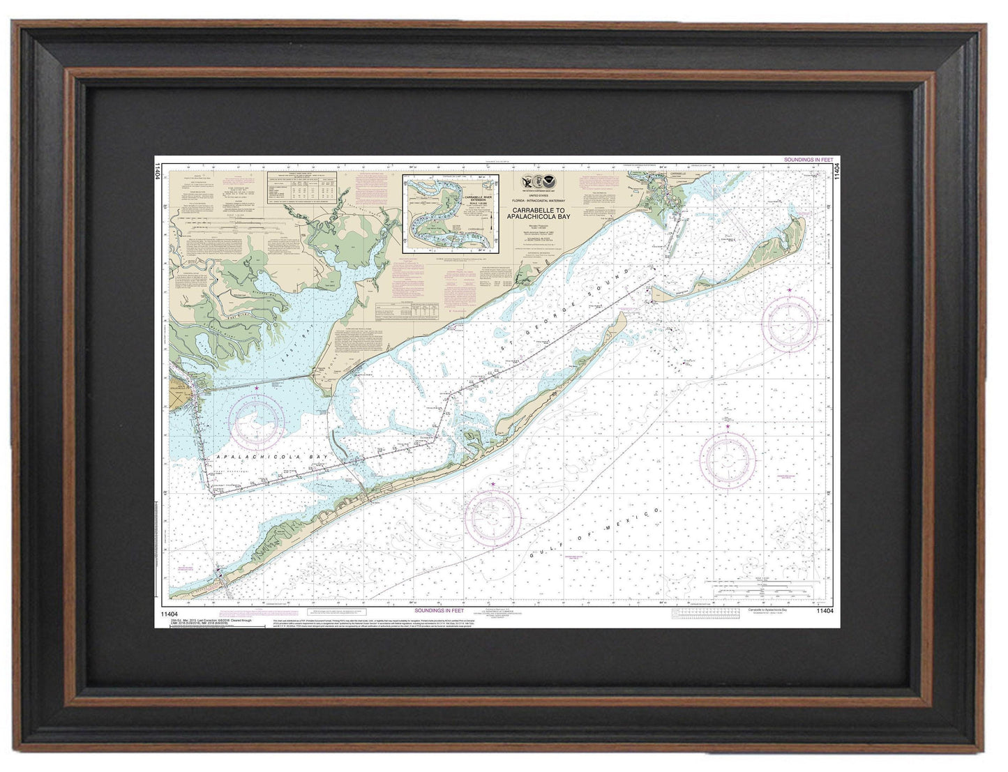 Framed Nautical Chart 11404 - Intracoastal Waterway. Carrabelle to Apalachicola Bay. NOAA 11404. Handmade in the USA.