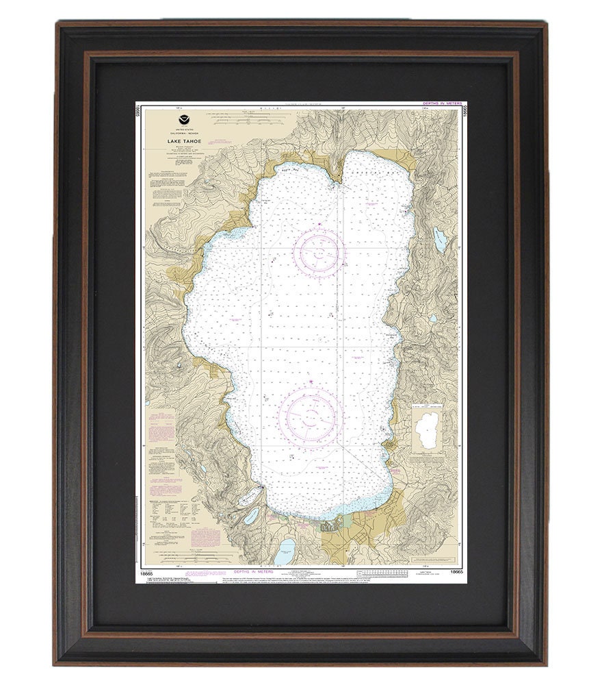 Framed Nautical Chart 18665 - Lake Tahoe. NOAA 18665. Handmade in the USA.