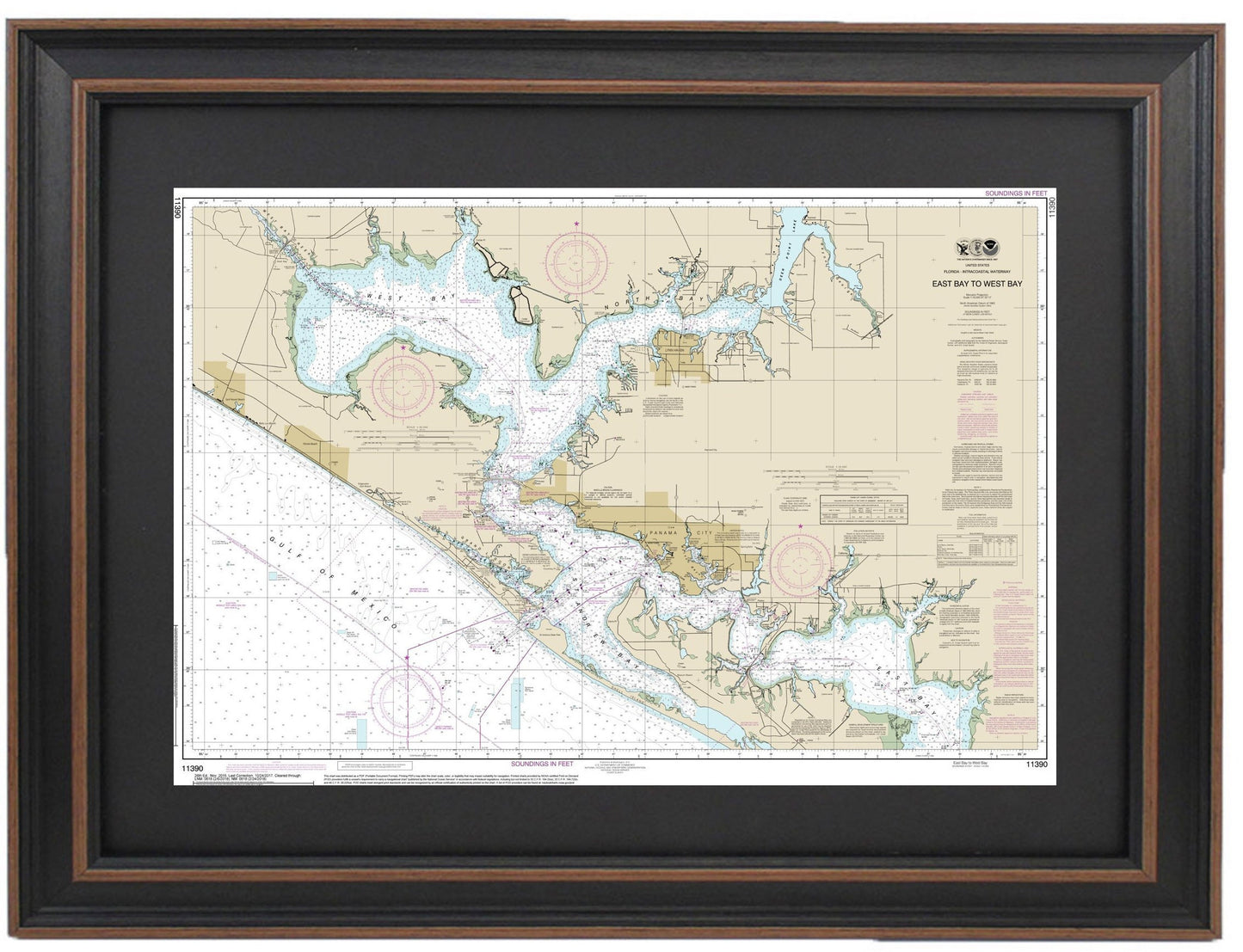 Framed Nautical Chart 11390 - Intracoastal Waterway. East Bay to West Bay. NOAA 11390. Handmade in the USA.