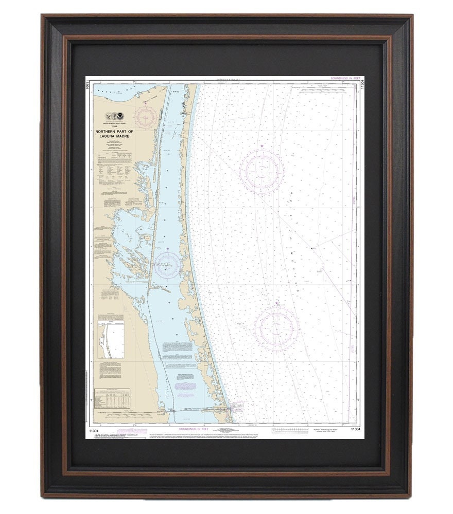 Framed Nautical Chart 11304 - Northern Part of Laguna Madre. NOAA 11304. Handmade in the USA.