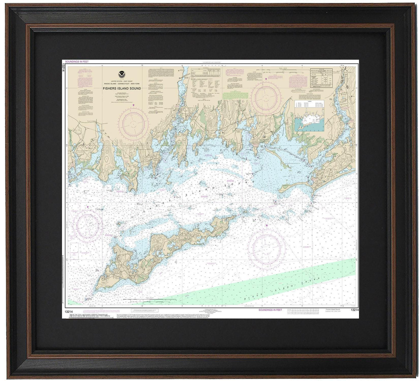Framed Nautical Chart 13214 - Fishers Island Sound. NOAA 13214. Handmade in the USA.