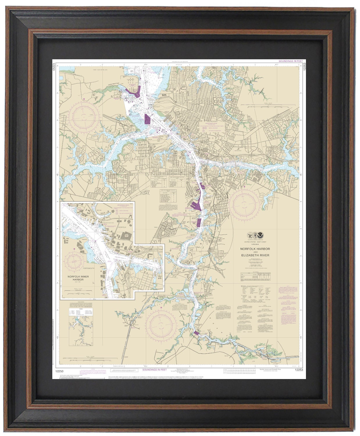 Framed Nautical Chart 12253 - Norfolk Harbor and Elizabeth River. NOAA 12253. Handmade in the USA.