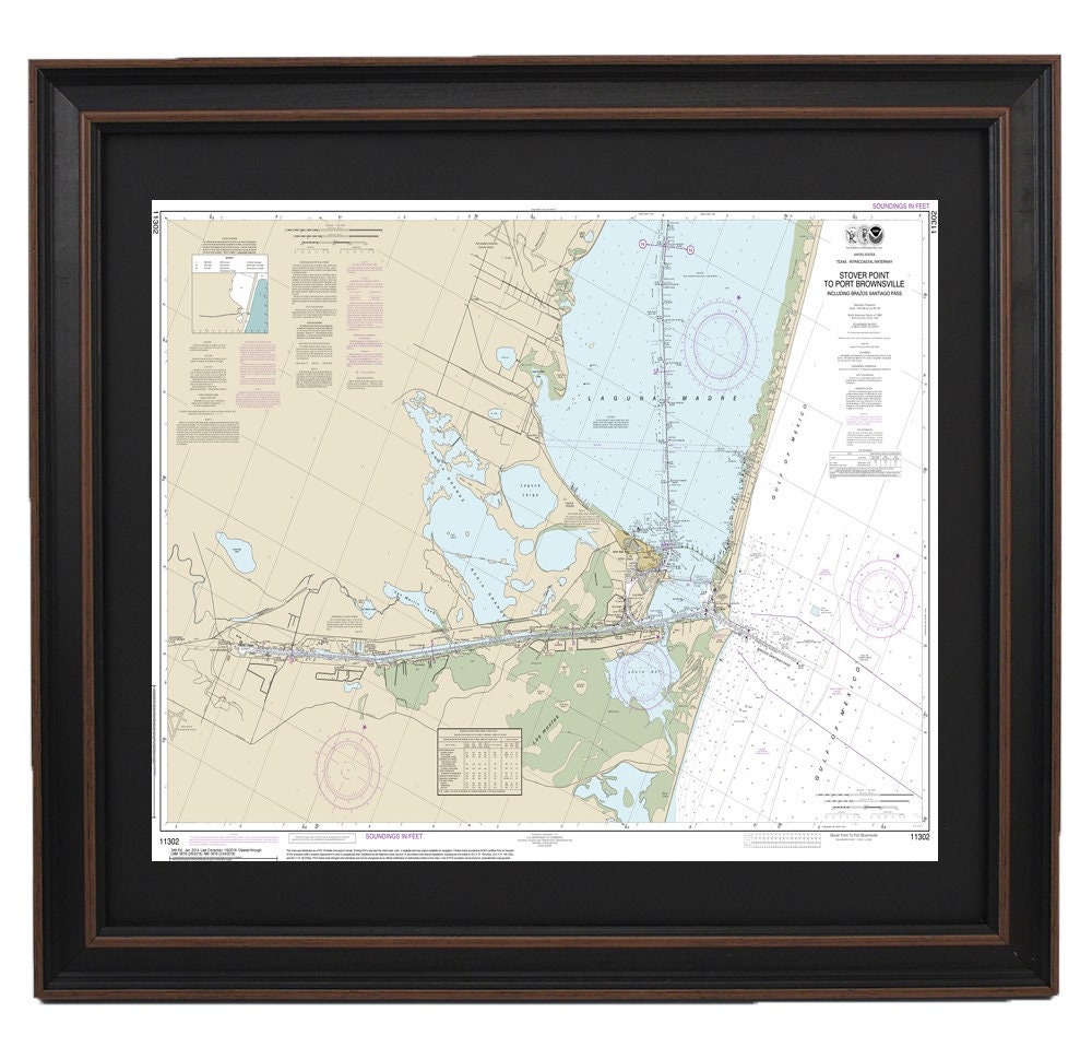 Framed Nautical Chart 11302 - South Padre Island, Stover Point to Port Brownsville. NOAA 11302. Handmade in the USA.