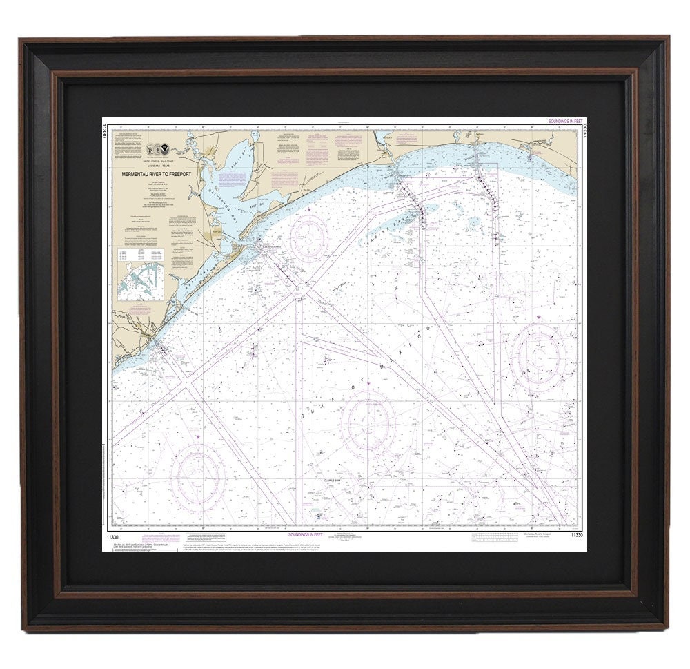 Framed Nautical Chart 11330 - Mermentau River to Freeport. NOAA 11330. Handmade in the USA.