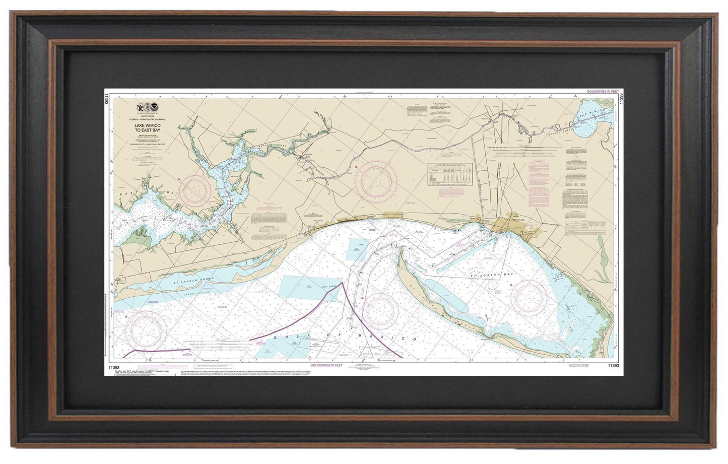 Framed Nautical Chart 11393 - Intracoastal Waterway. Lake Wimico to East Bay. NOAA 11393. Handmade in the USA.