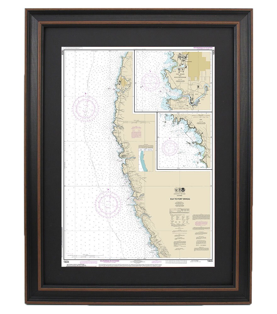 Framed Nautical Chart 18626 - Elk to Fort Bragg. Fort Bragg and Noyo Anchorage. NOAA 18626. Handmade in the USA.
