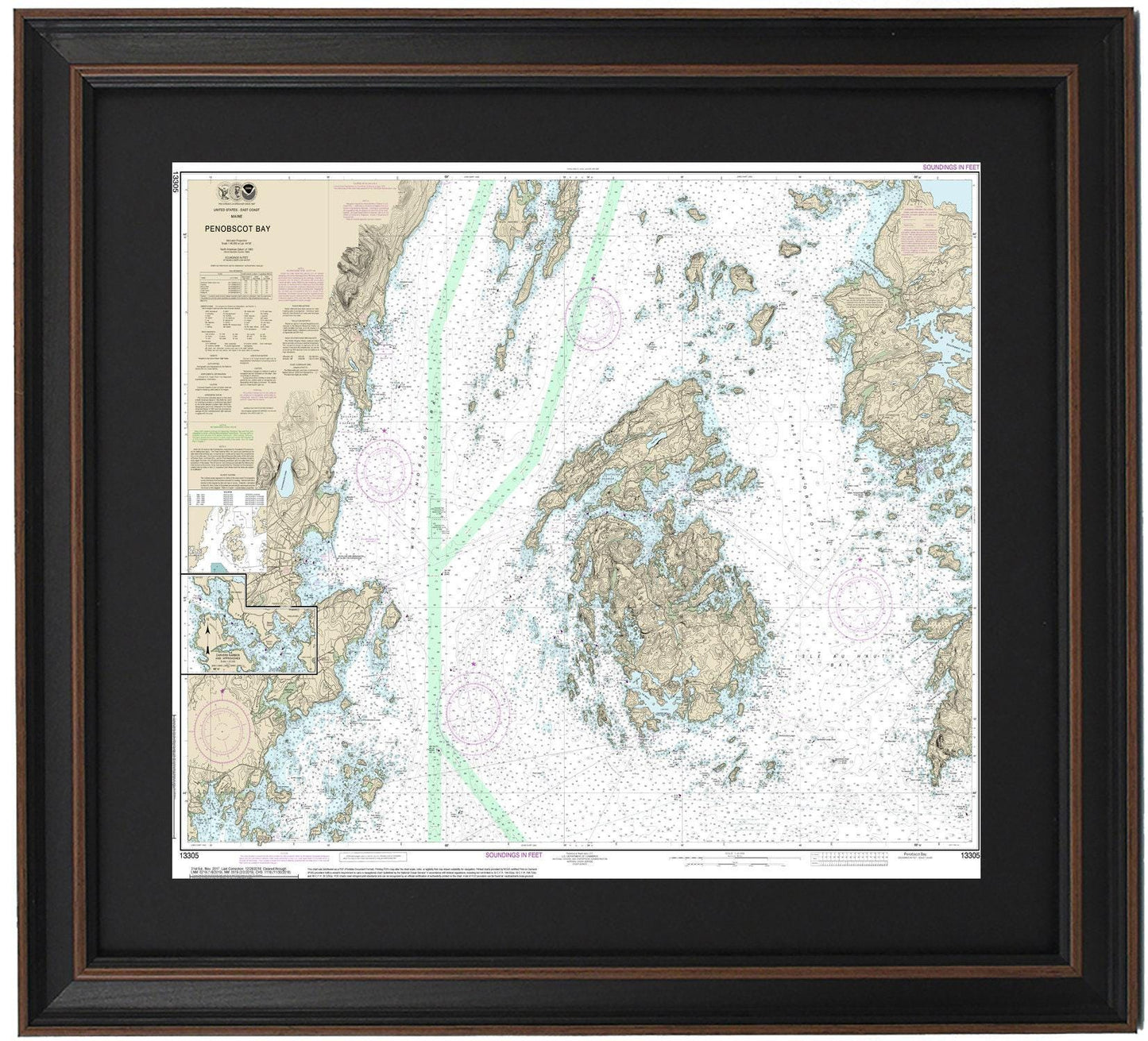 Framed Nautical Chart 13305 - Penobscot Bay, Maine. NOAA 13305. Handmade in the USA.