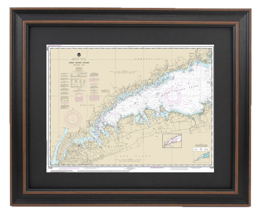 Framed Nautical Chart 12363 - Long Island Sound, West. NOAA 12363. Handmade in the USA.