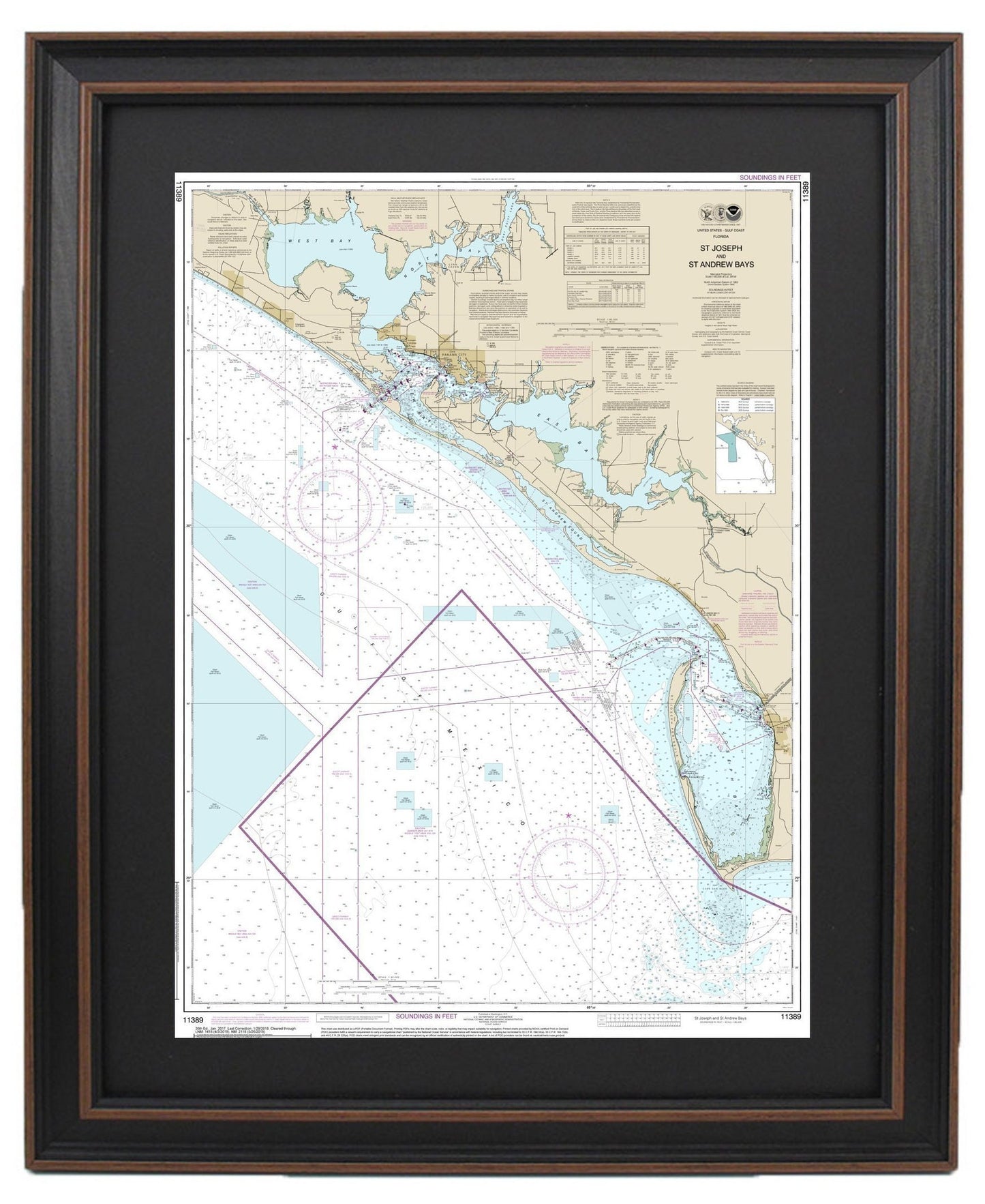 Framed Nautical Chart 11389 - St. Josephs and St. Andrews Bay, Florida. NOAA 11389. Handmade in the USA.