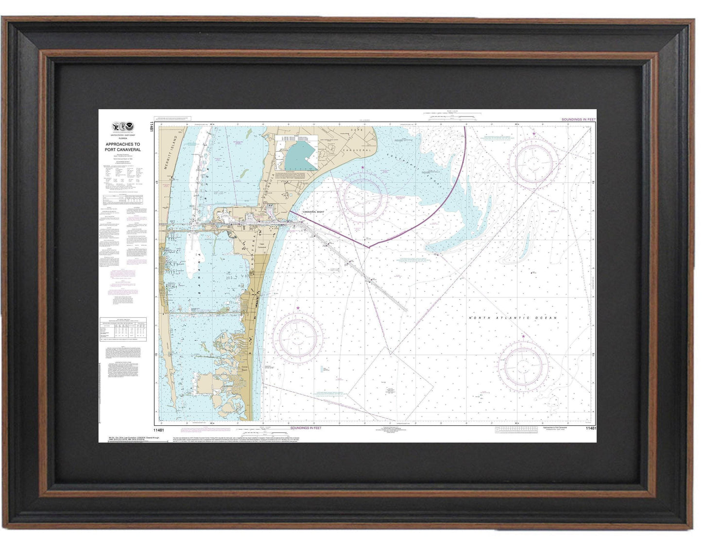 Framed Nautical Chart 11481 - Approaches to Port Canaveral. NOAA 11481. Handmade in the USA.