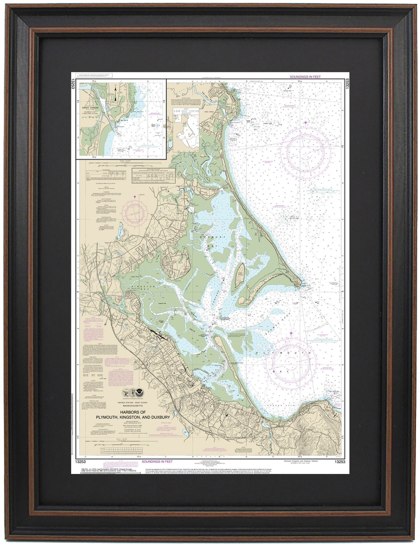 Framed Nautical Chart 13253 - Harbors of Plymouth, Kingston, and Duxbury. NOAA 13253. Handmade in the USA.