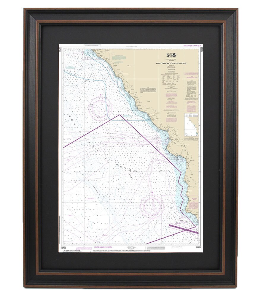 Framed Nautical Chart 18700 - Point Conception to Point Sur. NOAA 18700. Handmade in the USA.