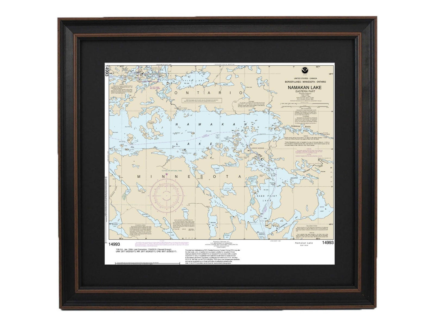 Framed Nautical Chart 14993 - Namakan Lake, Minnesota. NOAA 14993. Handmade in the USA.
