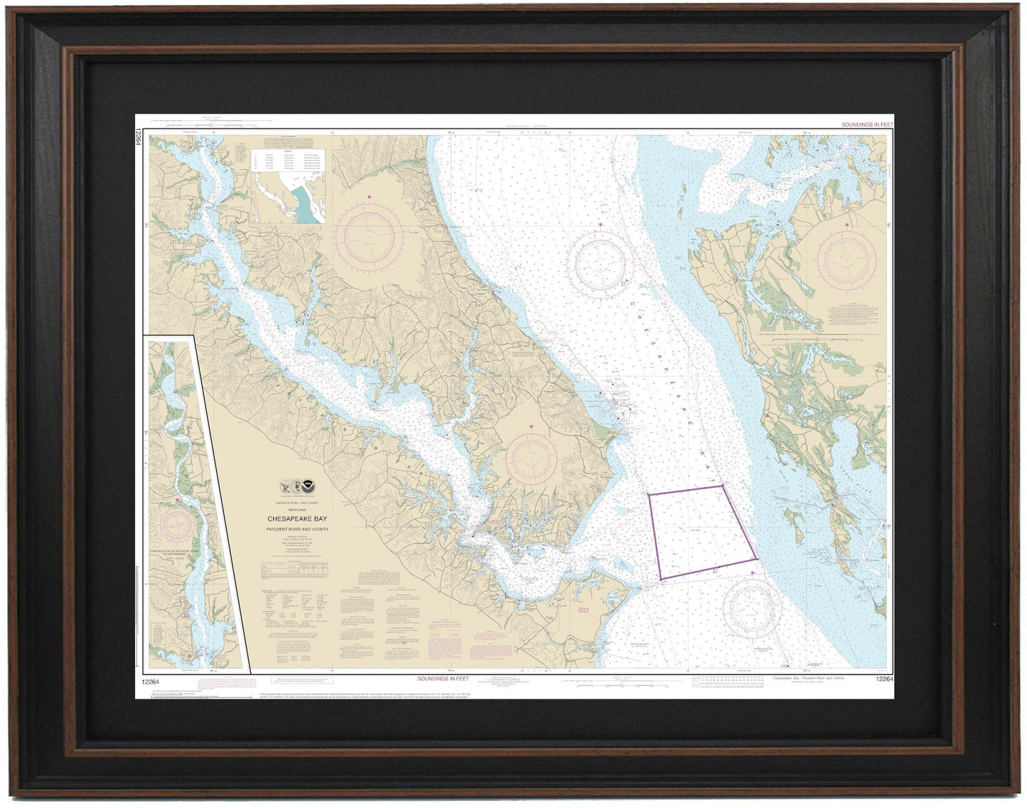 Framed Nautical Chart 12264 - Chesapeake Bay. Patuxent River and Vicinity. NOAA 12264. Handmade in the USA.