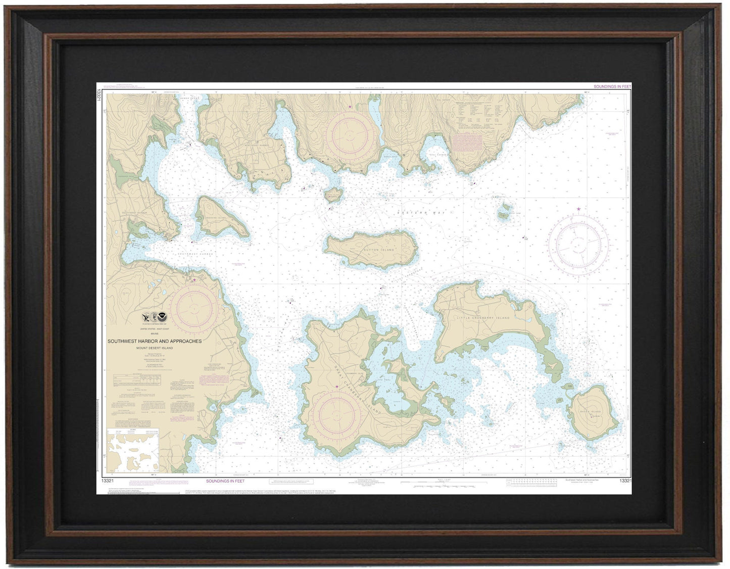 Framed Nautical Chart 13321 - Southwest Harbor and Approaches NOAA 13321. Handmade in the USA.
