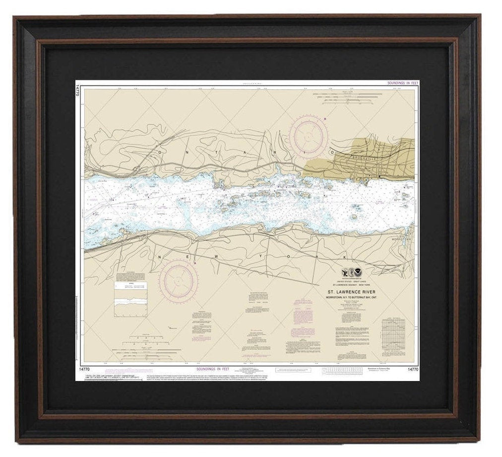 Framed Nautical Chart 14770 - St. Lawrence River, Morristown, N.Y. to Butternut, Ontario. NOAA 14770. Handmade in the USA.