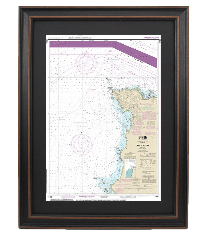 Framed Nautical Chart 18485 - Cape Flattery. NOAA 18485. Handmade in the USA.
