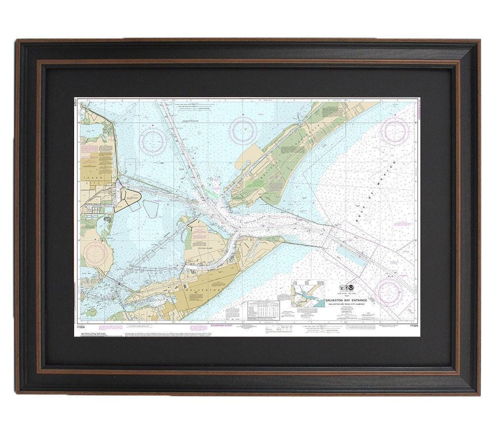 Framed Nautical Chart 11324 - Galveston Bay Entrance Galveston and Texas City Harbors. NOAA 11324. Handmade in the USA.