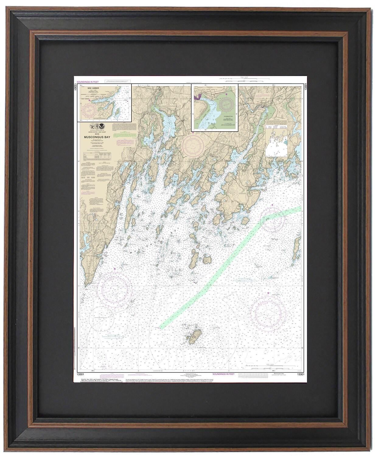 Framed Nautical Chart 13301 - Muscongus Bay, Maine. NOAA 13301. Handmade in the USA.