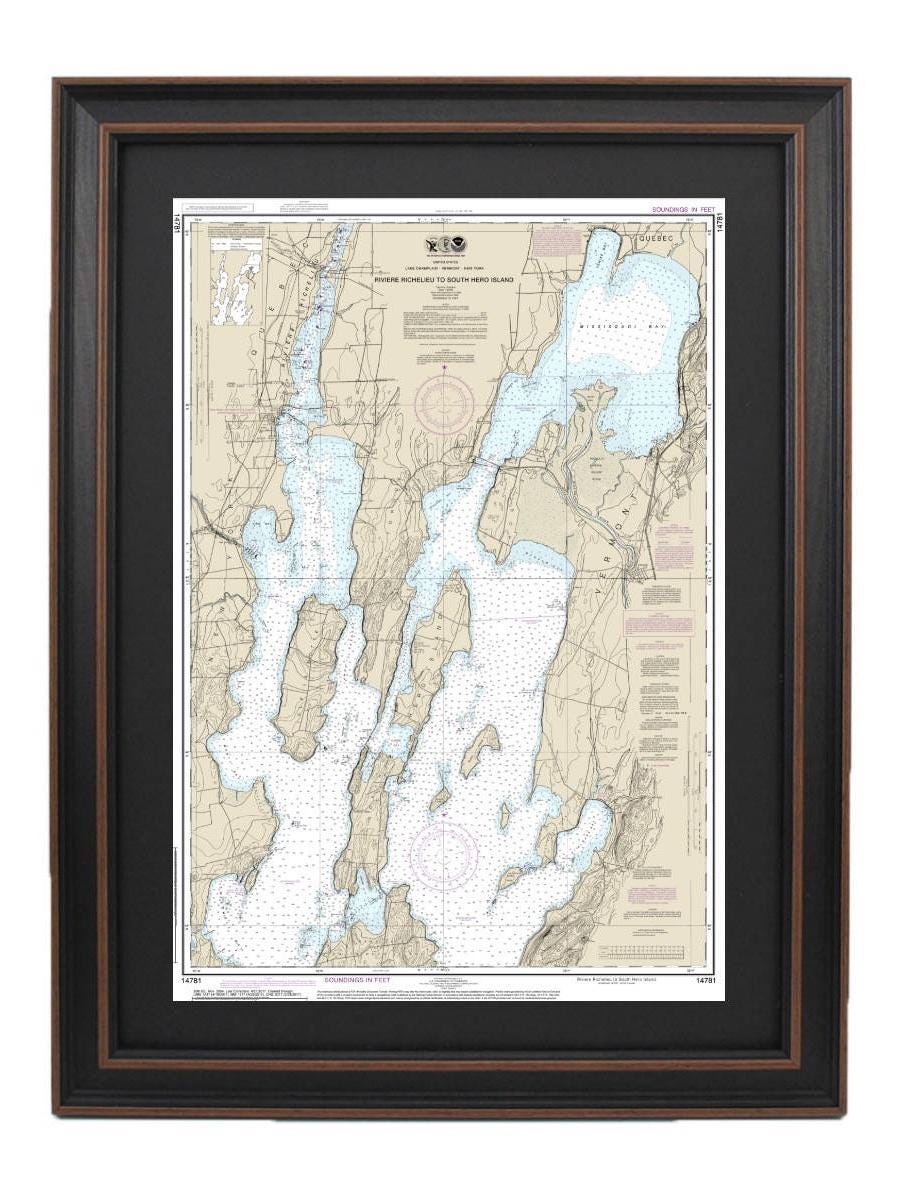 Framed Nautical Chart 14781. Lake Champlain, Riviere Richelieu to South Hero Island. NOAA 14781. Handmade in the USA.