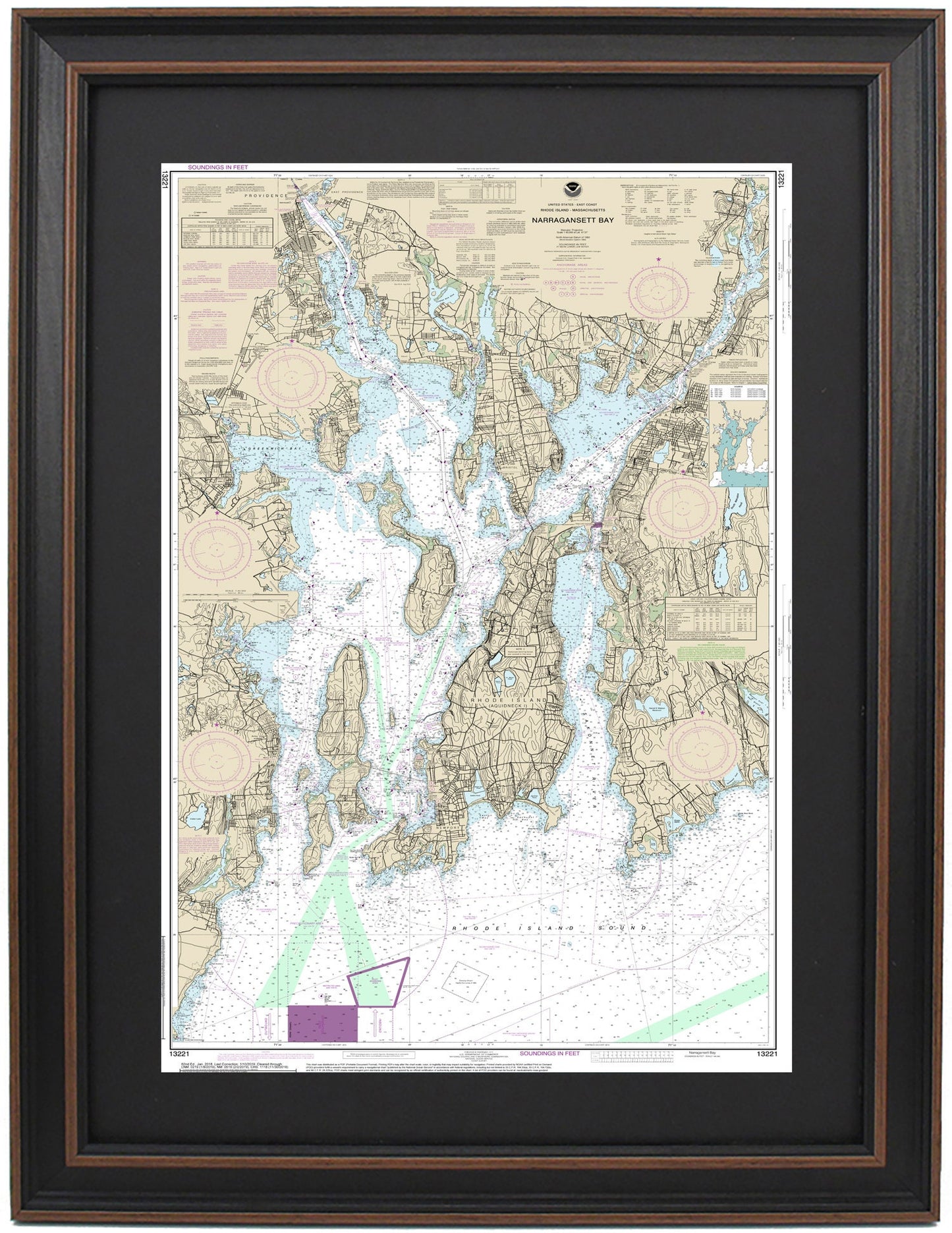 Framed Nautical Chart 13221 - Narragansett Bay. NOAA 13221. Handmade in the USA.