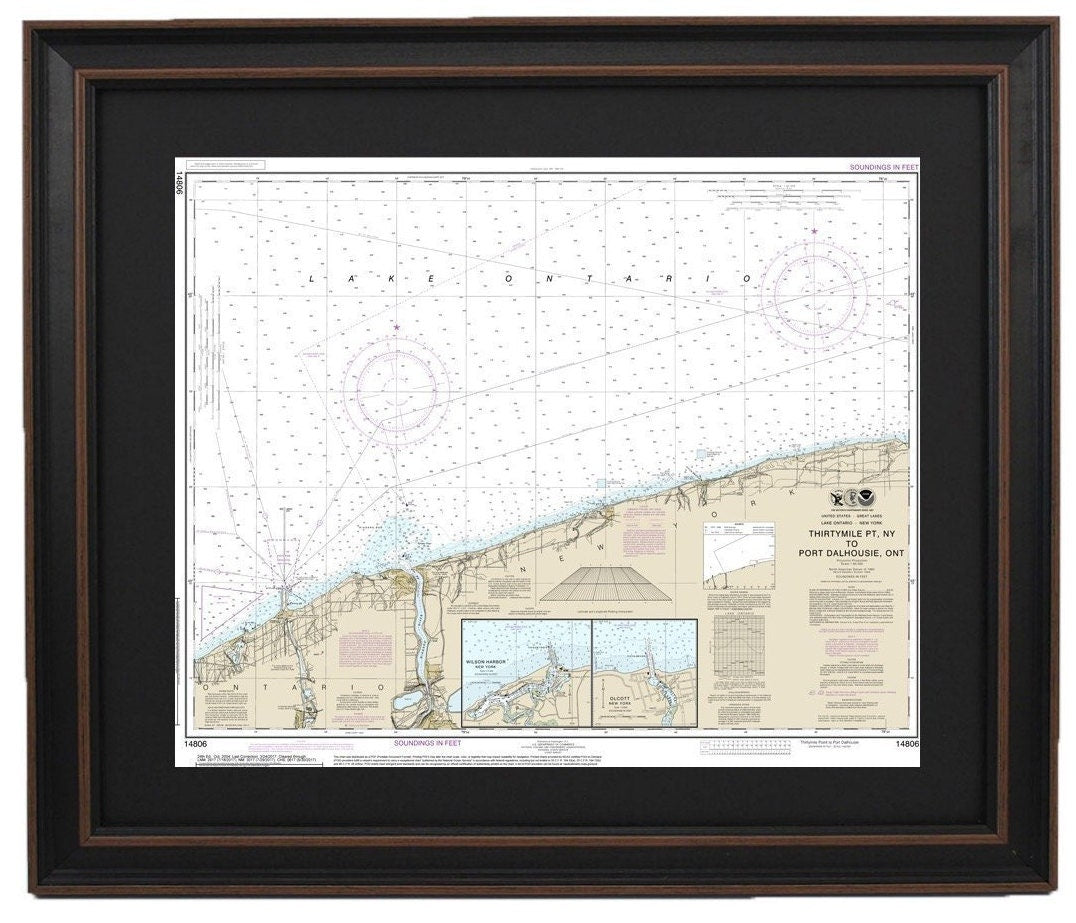 Framed Nautical Chart 14806 - Lake Ontario - ThirtyMile PT, NY to Port Dalhouse, Ontario. NOAA 14806.