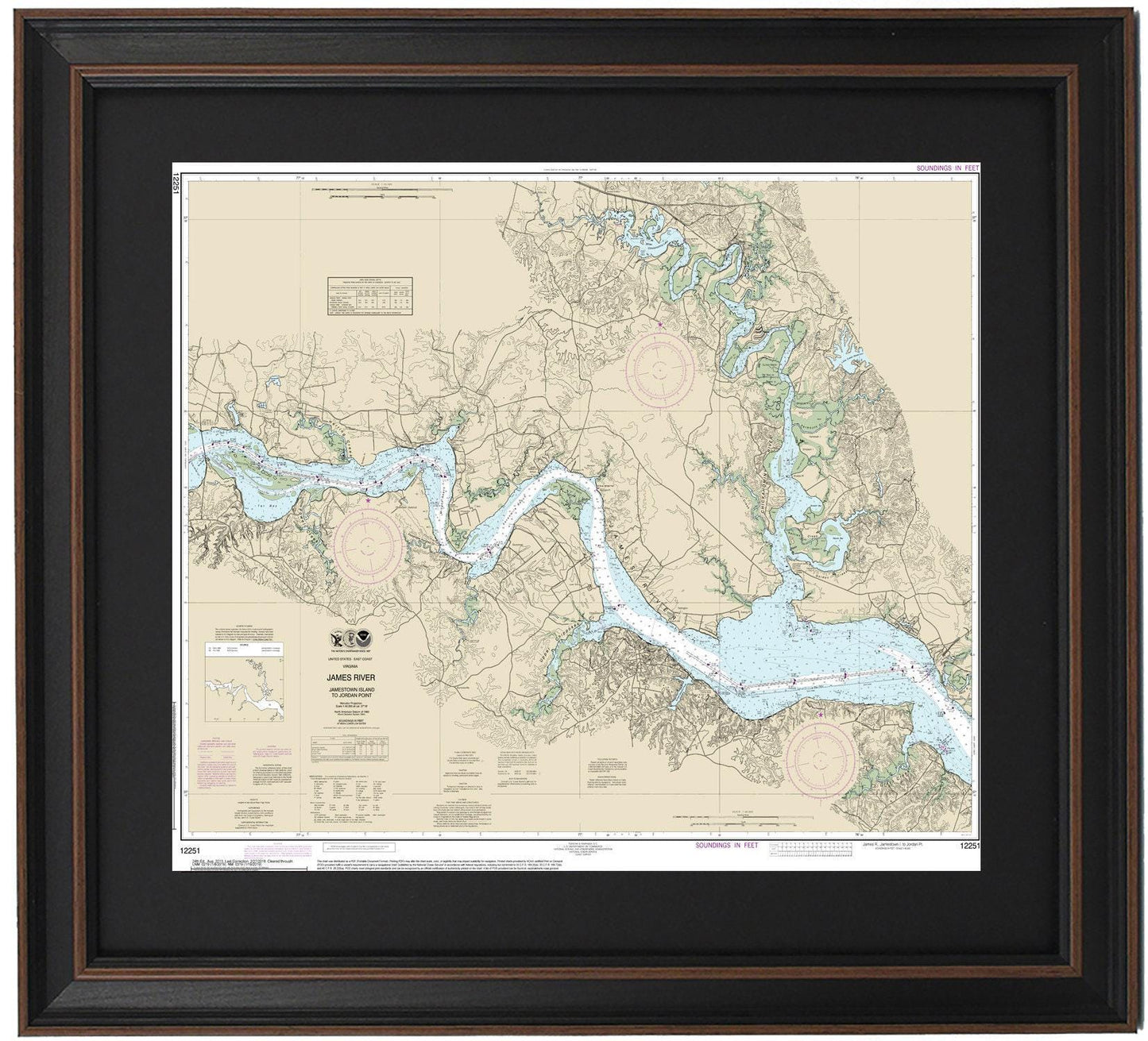 Framed Nautical Chart 12251 - James River, Virginia. Jamestown Island to Jordon Point. NOAA 12251. Handmade in the USA.