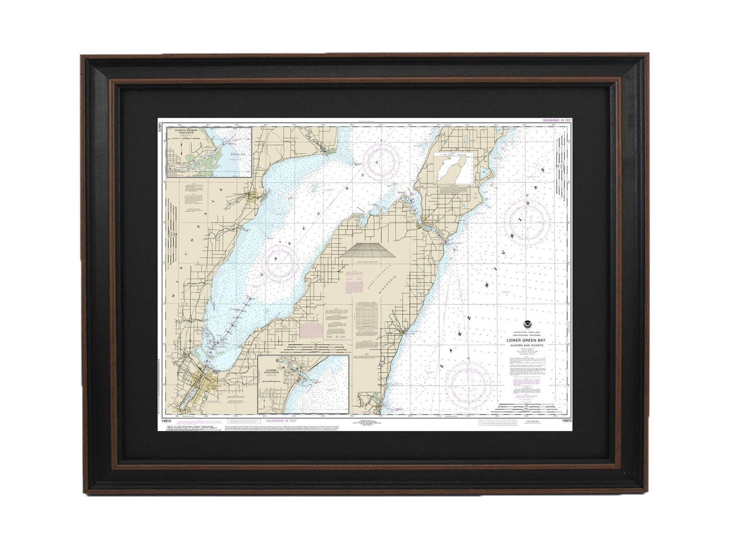 Framed Nautical Chart 14910 - Lake Michigan Lower Green Bay. NOAA 14910. Handmade in the USA.