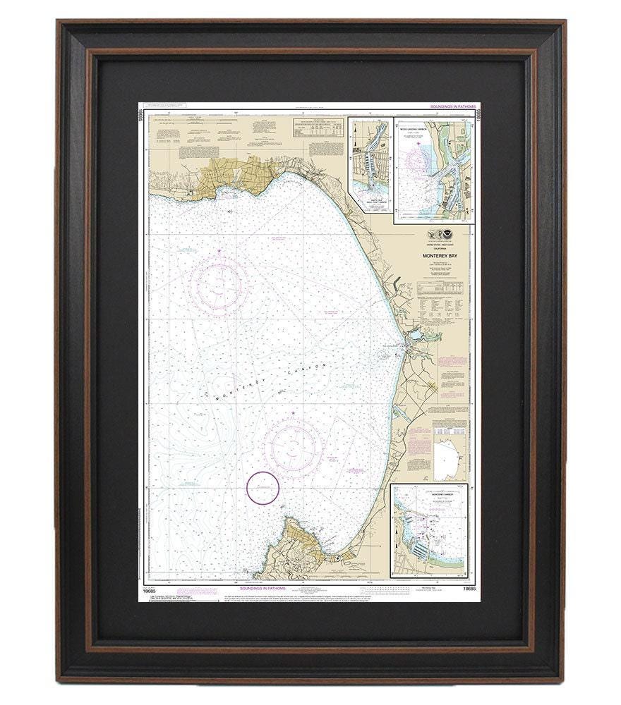 Framed Nautical Chart 18685 - Monterey Bay and Monterey Harbor. NOAA 18685. Handmade in the USA.