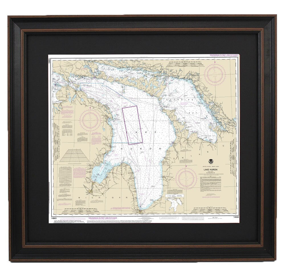 Framed Nautical Chart 14860 - Lake Huron. NOAA 14860. Handmade in the USA.