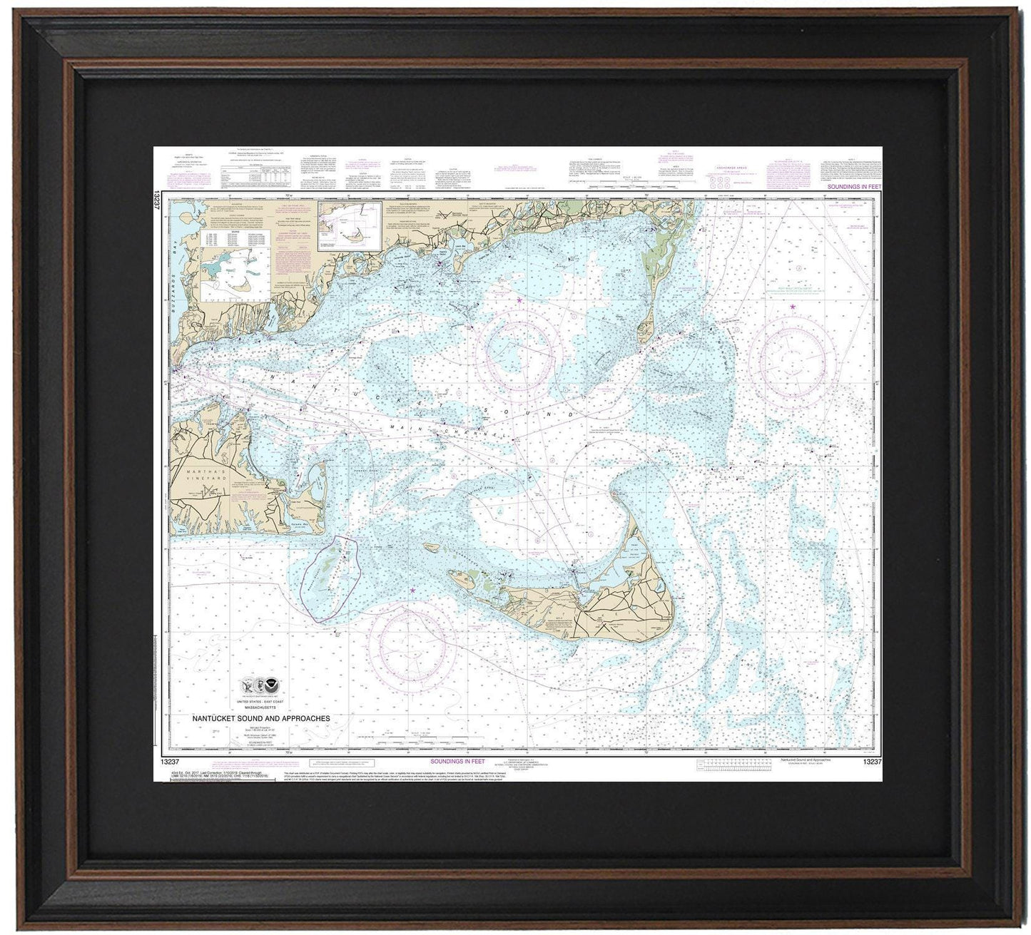 Framed Nautical Chart 13237 - Nantucket Sound, MA. NOAA 13237. Handmade in the USA.