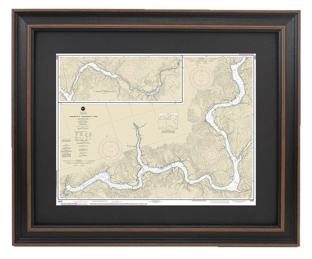 Framed Nautical Chart 18551 - Southern Franklin D. Roosevelt Lake. NOAA 18551. Handmade in the USA.