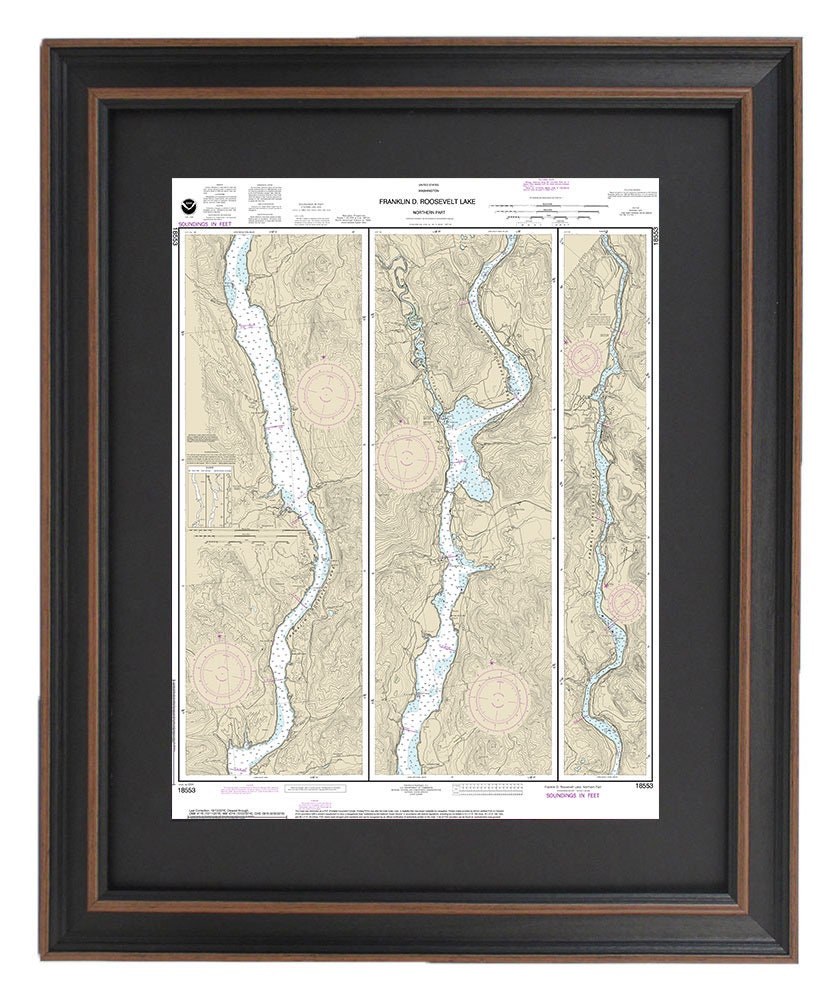 Framed Nautical Chart 18553 - Northern Franklin D. Roosevelt Lake. NOAA 18553. Handmade in the USA.