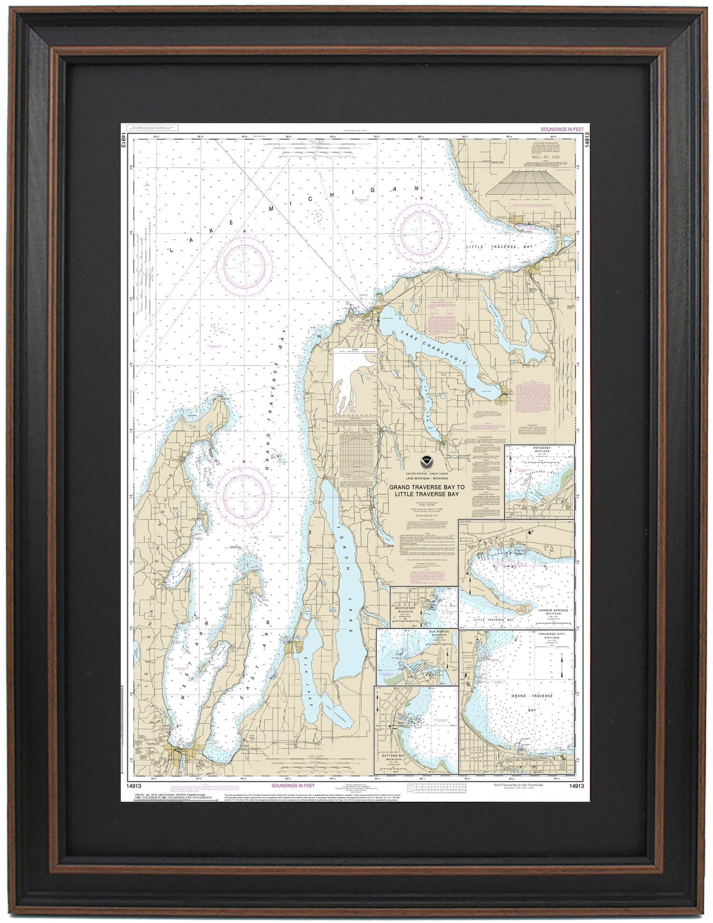 Framed Nautical Chart 14913 - Lake Michigan - Grand Traverse Bay to Little Traverse Bay. NOAA 14913. Handmade in the USA.