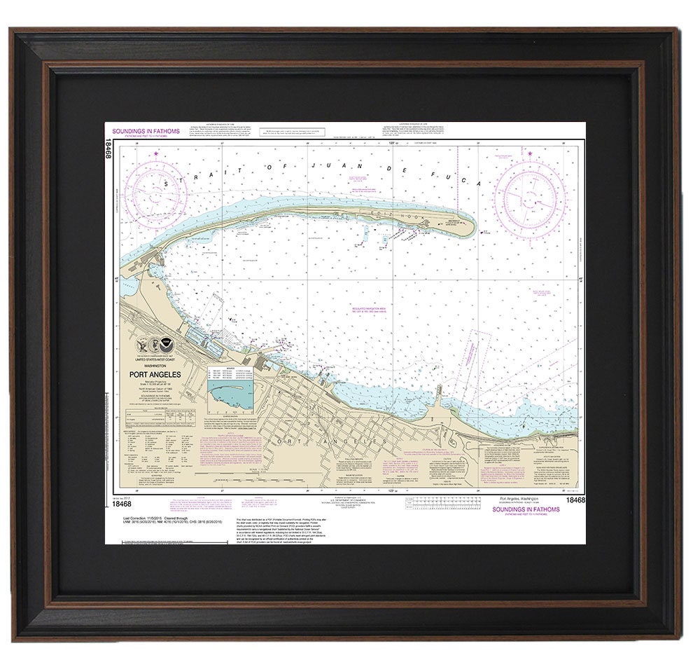 Framed Nautical Chart 18468 - Port Angeles. NOAA 18468. Handmade in the USA.