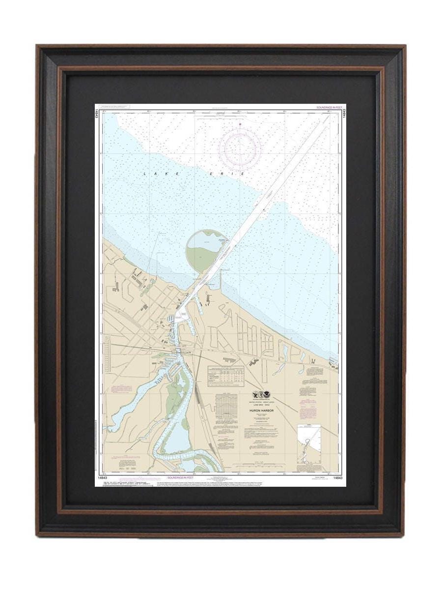 Framed Nautical Chart 14843 - Lake Erie, Huron Harbor. NOAA 14843. Handmade in the USA.
