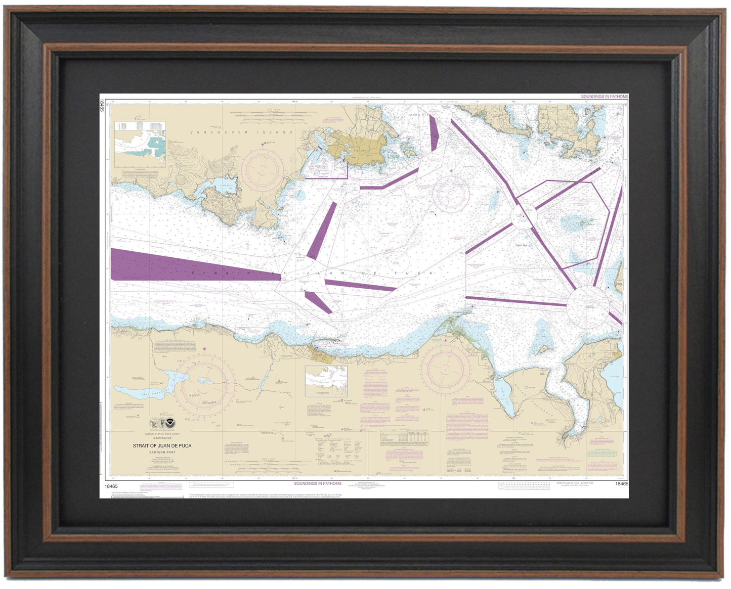 Framed Nautical Chart 18465 - Strait of Juan de Fuca. Eastern Part. NOAA 18465. Handmade in the USA.
