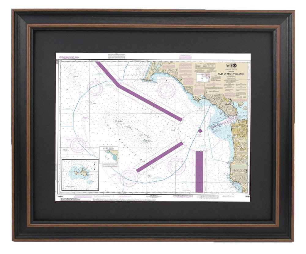 Framed Nautical Chart 18645 - Gulf of the Farallones. Southeast Farallon. NOAA 18645. Handmade in the USA.