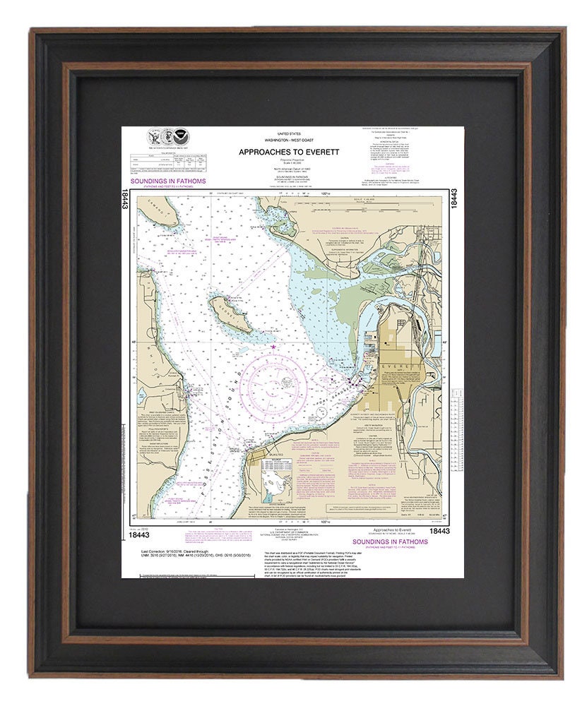 Framed Nautical Chart 18443 - Approaches to Everett. NOAA 18443. Handmade in the USA.